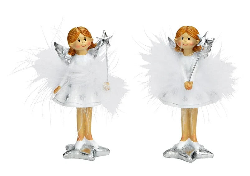 Deko Engel Figur H.11cm sort. mit Stern Feder Weiß Winterdeko G.Wurm