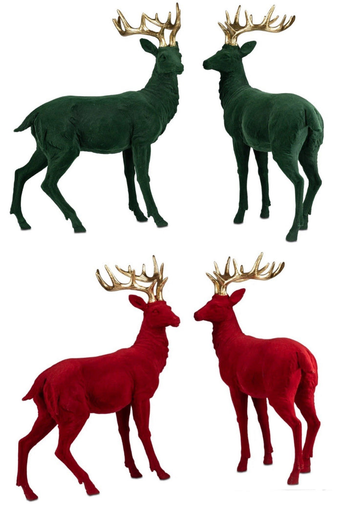 Deko-Hirsch in Samt-Optik mit goldenem Geweih – Rot oder Grün, 33 × 43 cm
