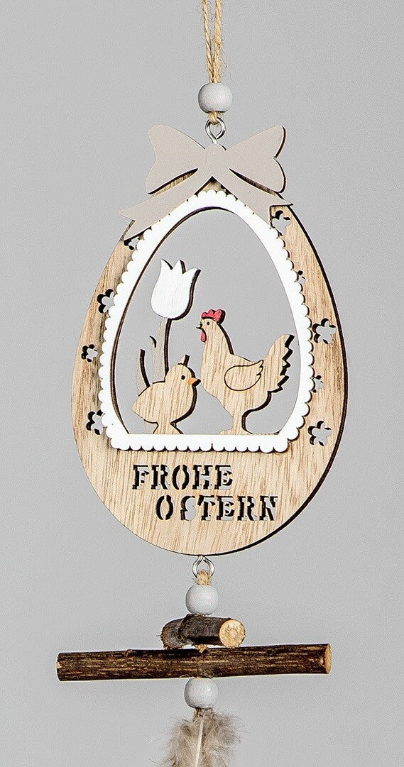 Deko Hänger "Frohe Ostern" natur-Holz mit Feder sort. L. 44cm Ostern Formano