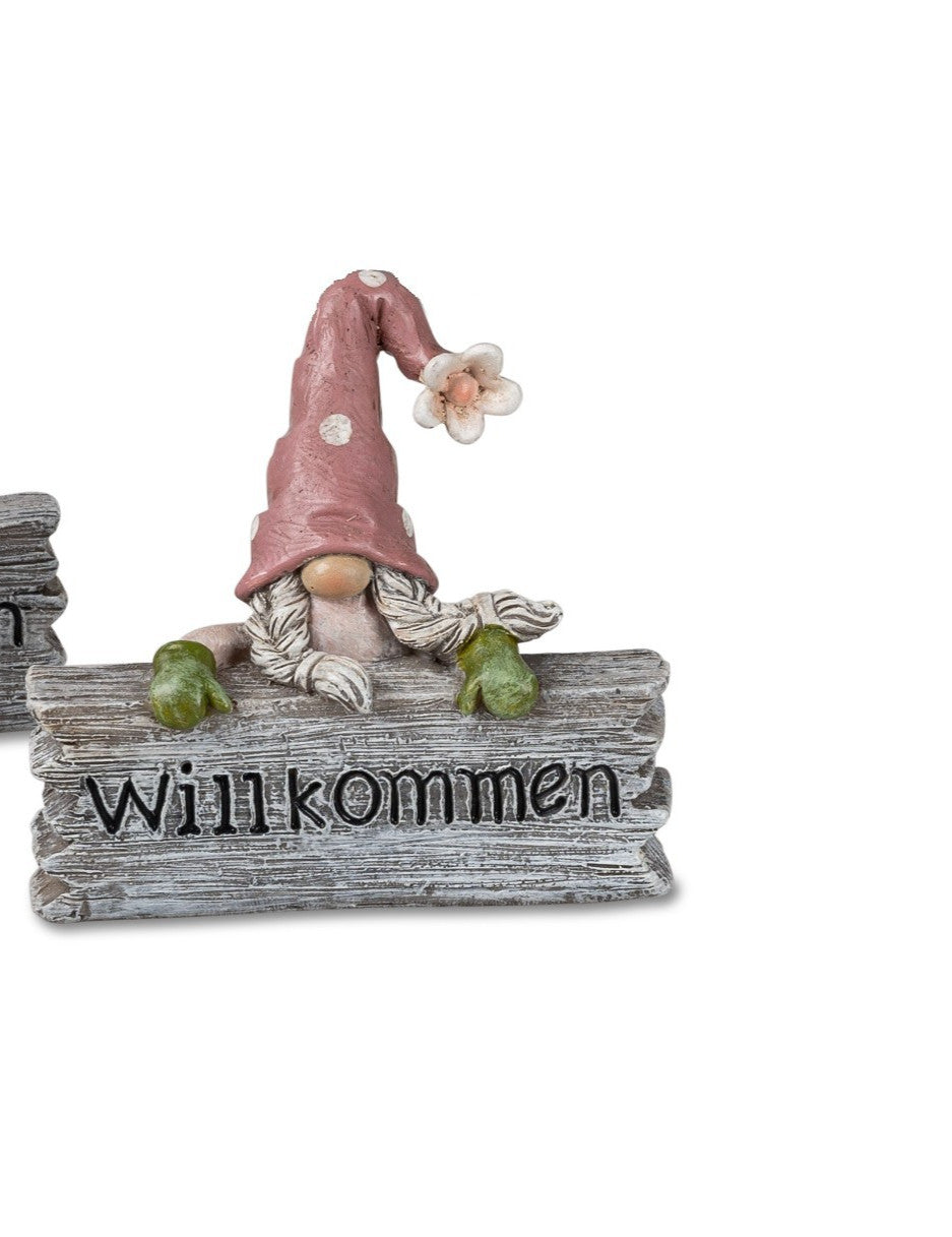 Deko-Figur Zwerg H. 8 cm mit Schild Willkommen Mann Frau Sommerzeit Formano