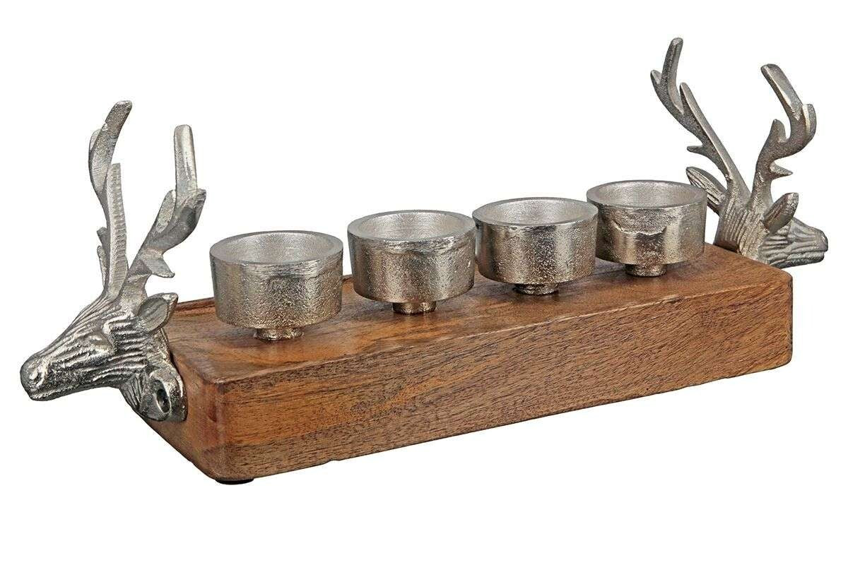 GILDE Adventsleuchter "Rentier" 36 cm Allu auf Mangoholz Adventskranz Winterzeit