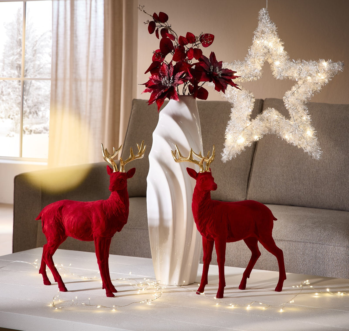 Deko Hirsch 33 × 43 cm SAMT-Optik (Rot/Grün) mit goldenem Geweih – formano