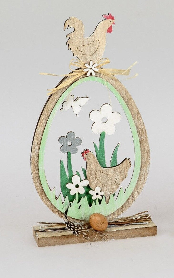 Deko-Ei Aufsteller H. 28cm aus Holz mit Huhn und Blumen Frühjahr/Ostern Formano