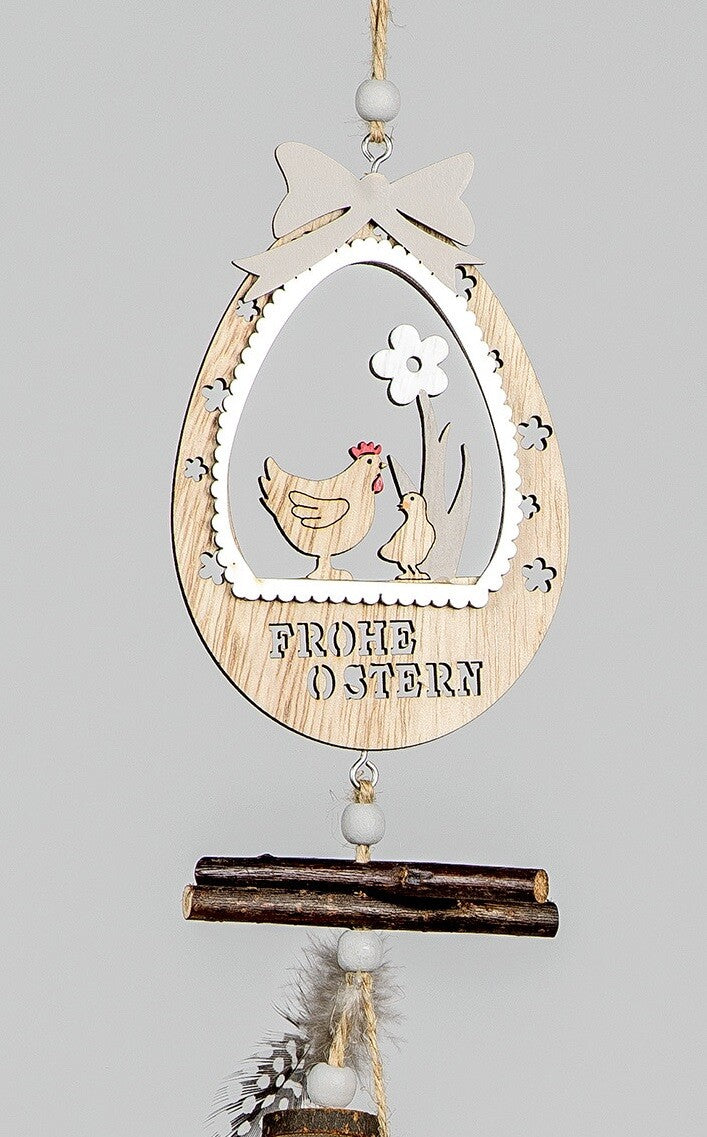Deko Hänger "Frohe Ostern" natur-Holz mit Feder sort. L. 44cm Ostern Formano