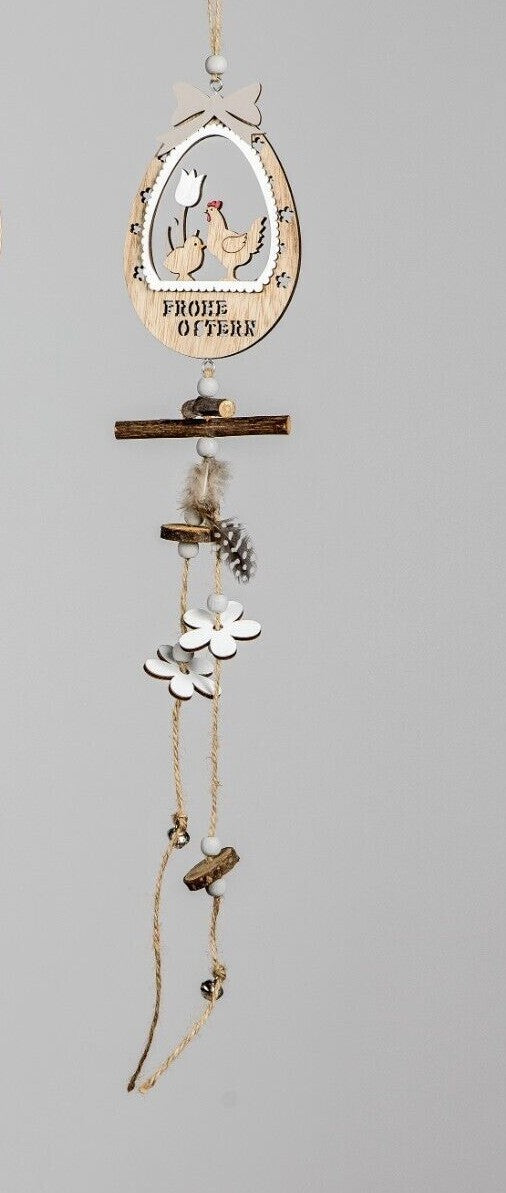Deko Hänger "Frohe Ostern" natur-Holz mit Feder sort. L. 44cm Ostern Formano