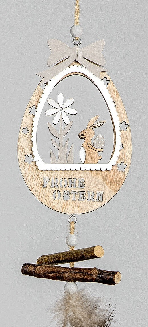 Deko Hänger "Frohe Ostern" natur-Holz mit Feder sort. L. 44cm Ostern Formano
