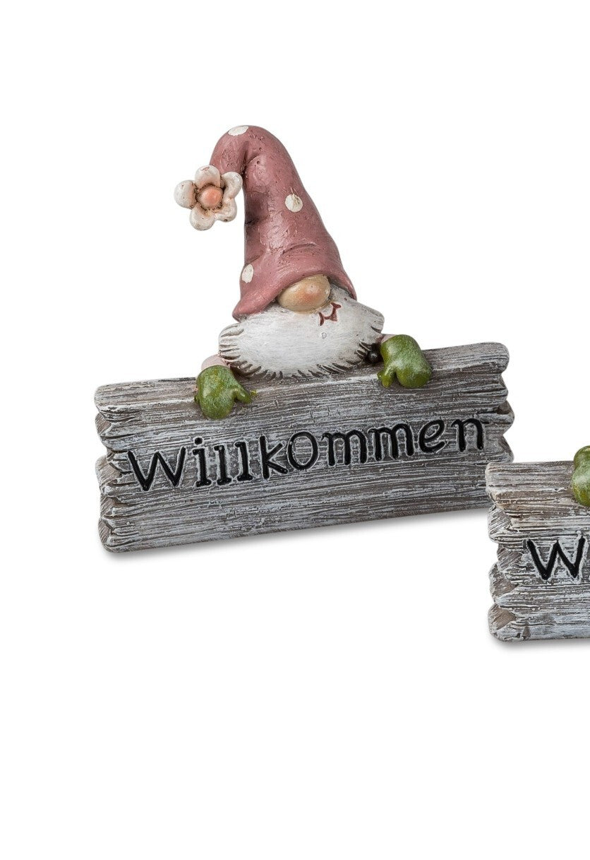 Deko-Figur Zwerg H. 8 cm mit Schild Willkommen Mann Frau Sommerzeit Formano