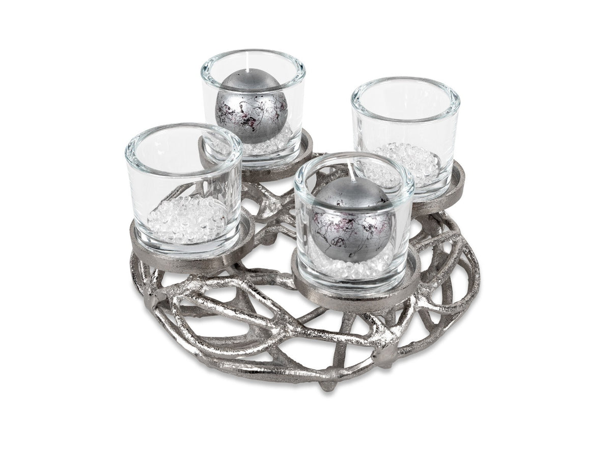 Adventskranz D. 30cm Alu-silber in geflochtener Optik mit klaren Glasaufsätzen
