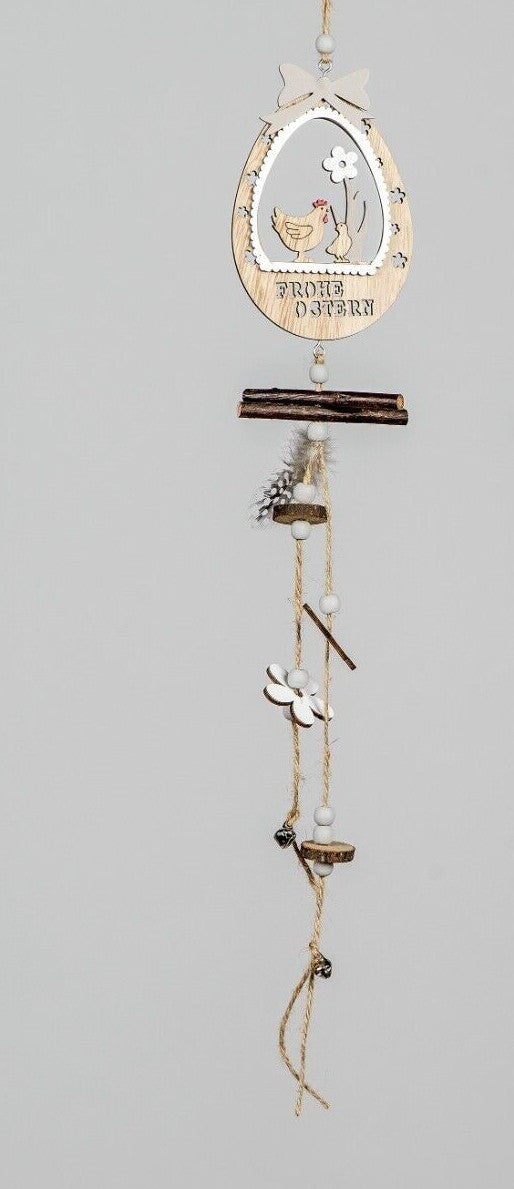 Deko Hänger "Frohe Ostern" natur-Holz mit Feder sort. L. 44cm Ostern Formano