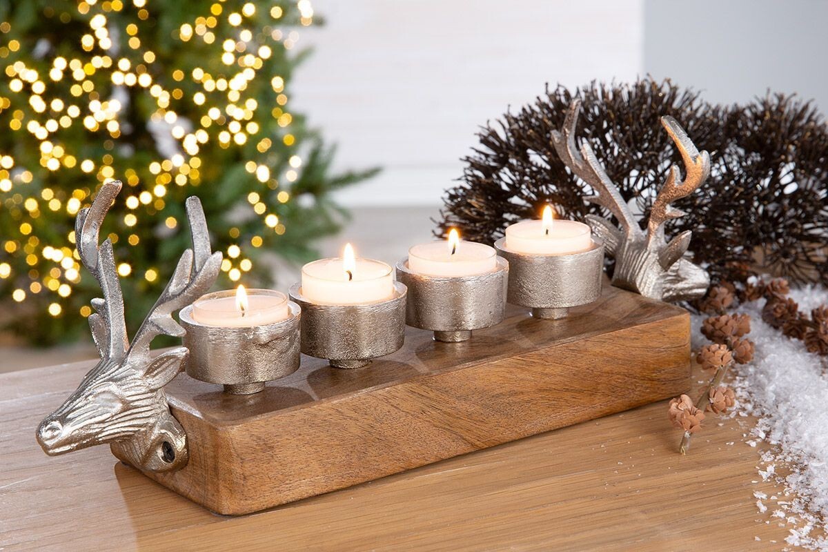 GILDE Adventsleuchter "Rentier" 36 cm Allu auf Mangoholz Adventskranz Winterzeit