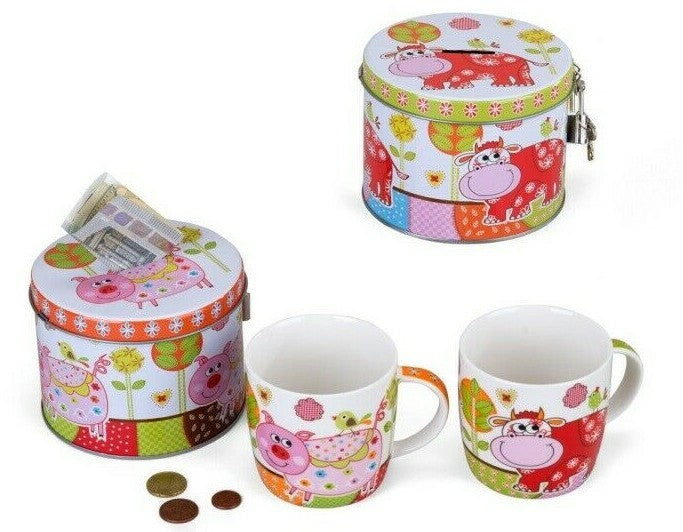 Becher Porzellan SET Fantasie in Metall Spardose mit Schloß Geschenk Formano