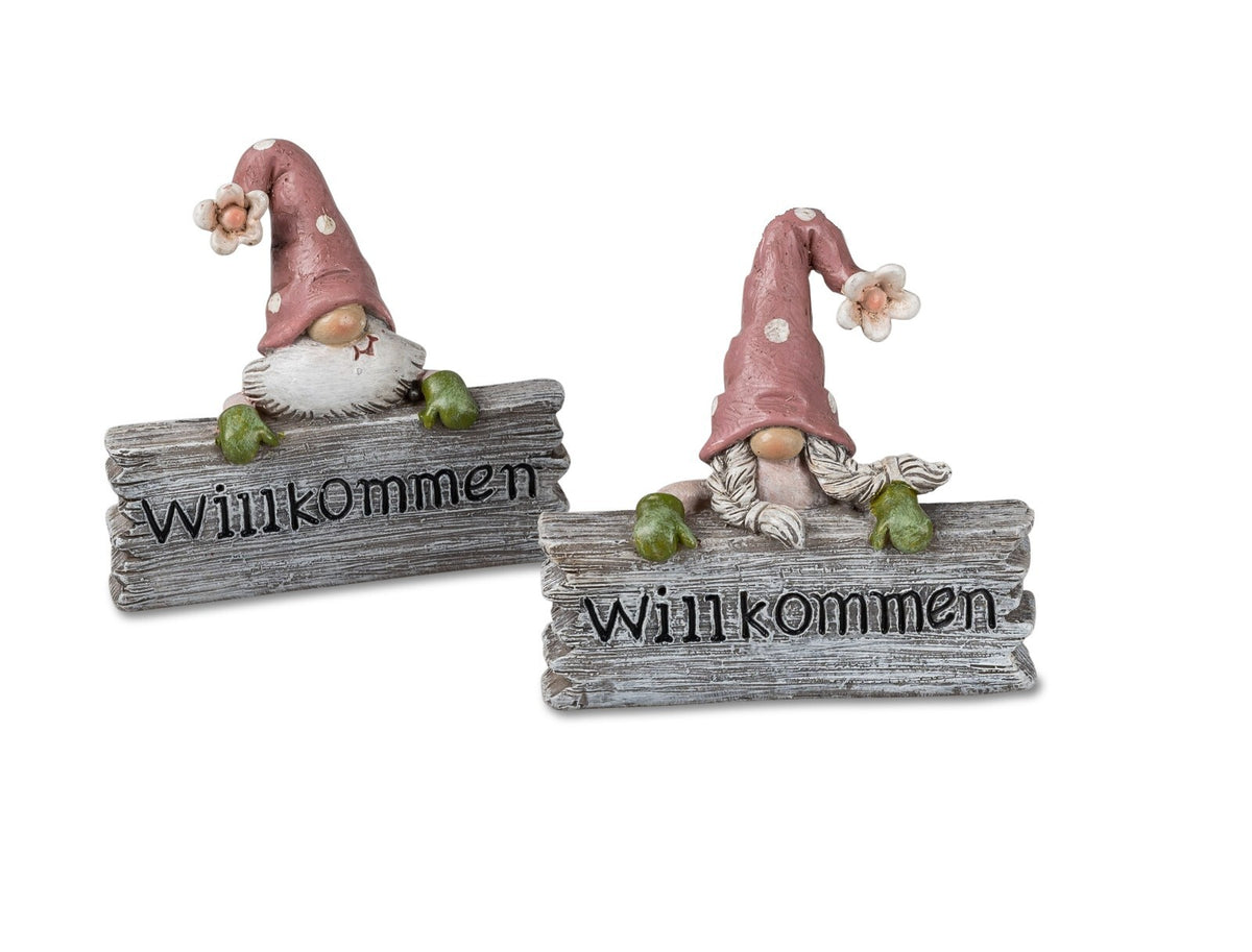 Deko-Figur Zwerg H. 8 cm mit Schild Willkommen Mann Frau Sommerzeit Formano