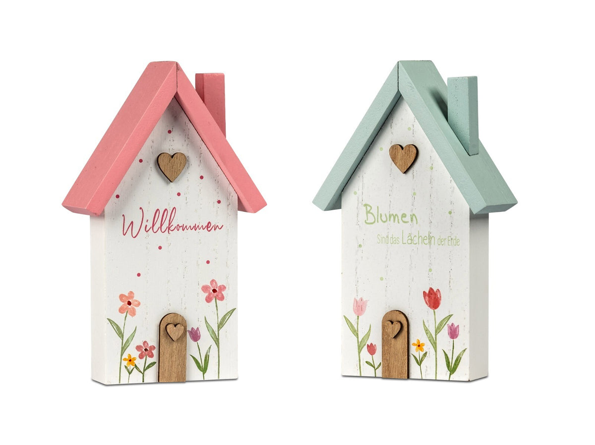 Deko Haus mit Spruch H. 19 cm weiß bunt m. Blumen aus Holz Formano