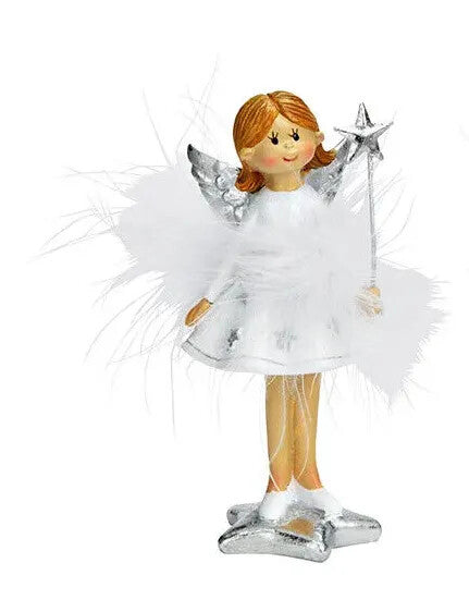 Deko Engel Figur H.11cm sort. mit Stern Feder Weiß Winterdeko G.Wurm