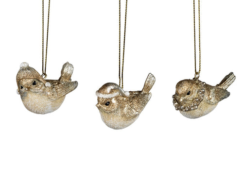 3er SET Deko-Hänger Vögel 6cm Creme-Gold m. Glitter Christbaumschmuck Winterzeit