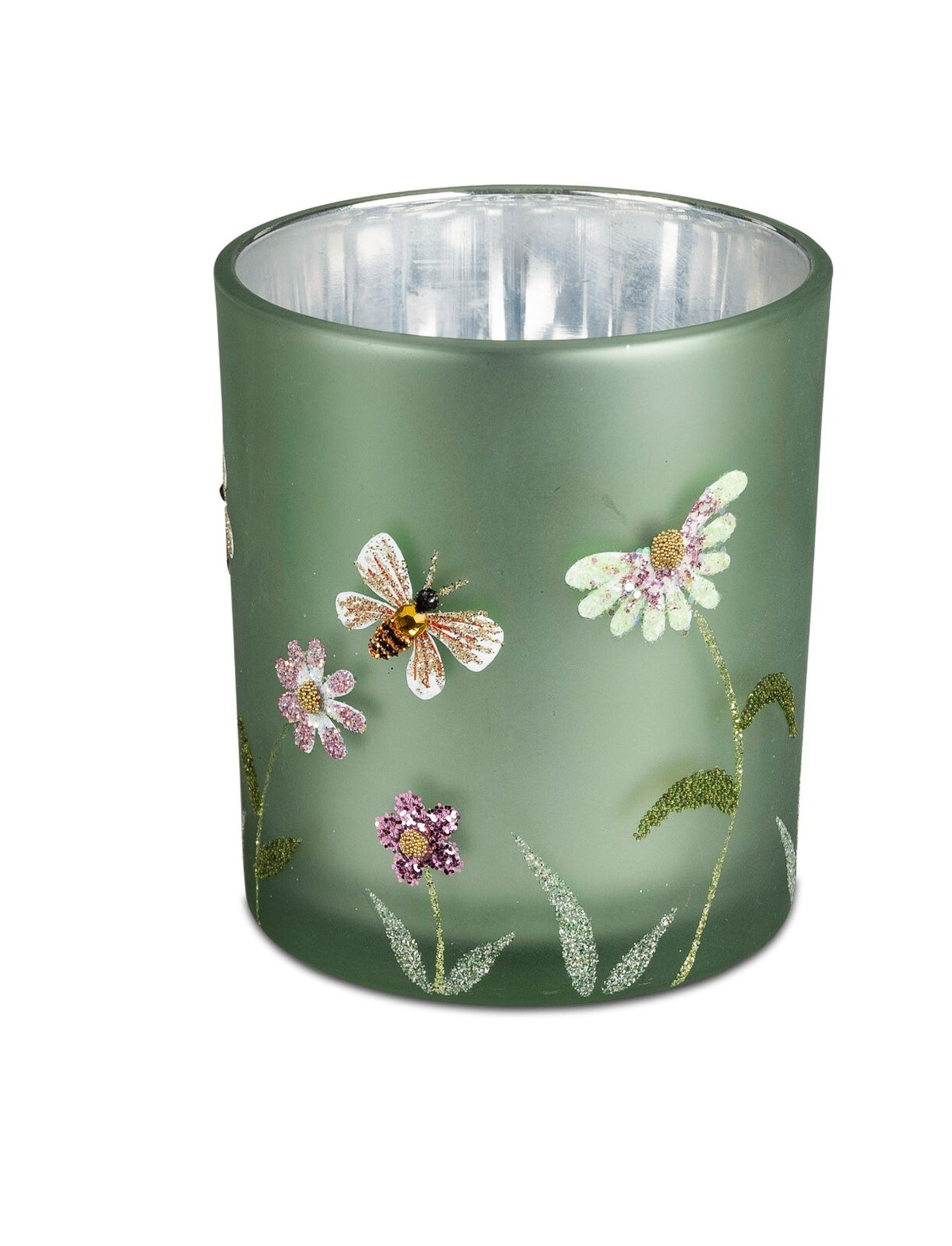 Deko Windlicht Kerzenhalter H. 8 cm silber grün Glas Teelichthalter formano