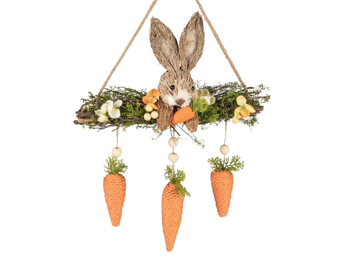 Türhänger Hase auf Ast mit 3 Karotten – Natur Osterdeko Hänger Frühjahr Formano