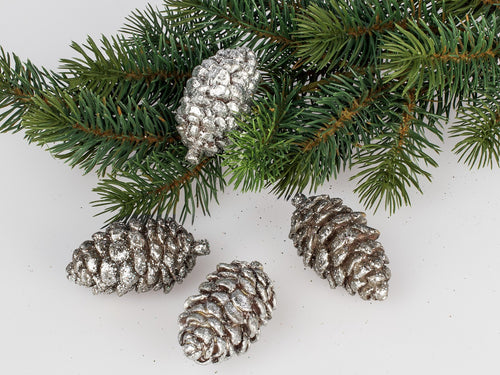 4er Set Deko Zapfen silber Glitzer 7cm Kunststein Tischdeko Winterzeit Formano
