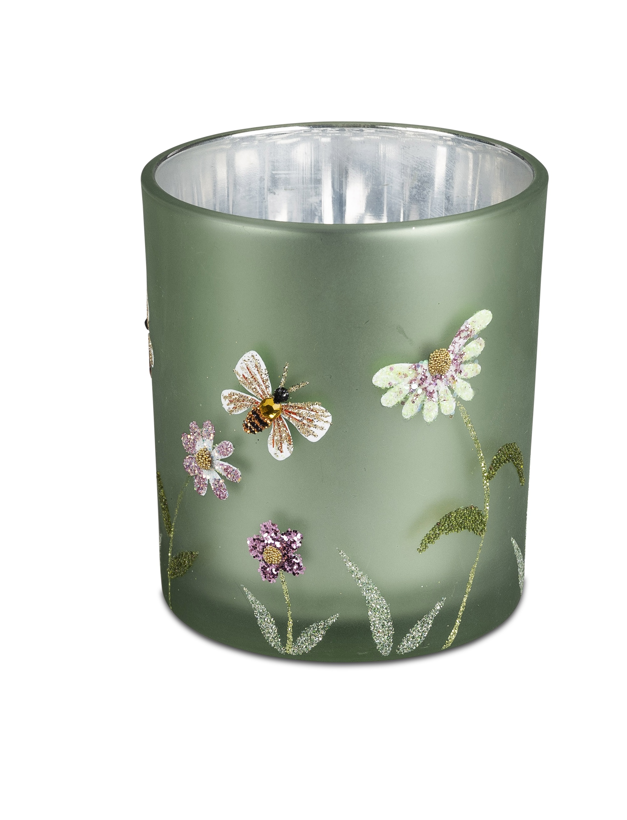 Deko Windlicht SOMMERWIESE H. 8 cm silber grün Glas Kerzenhalter Teelichthalter, Windlicht formano