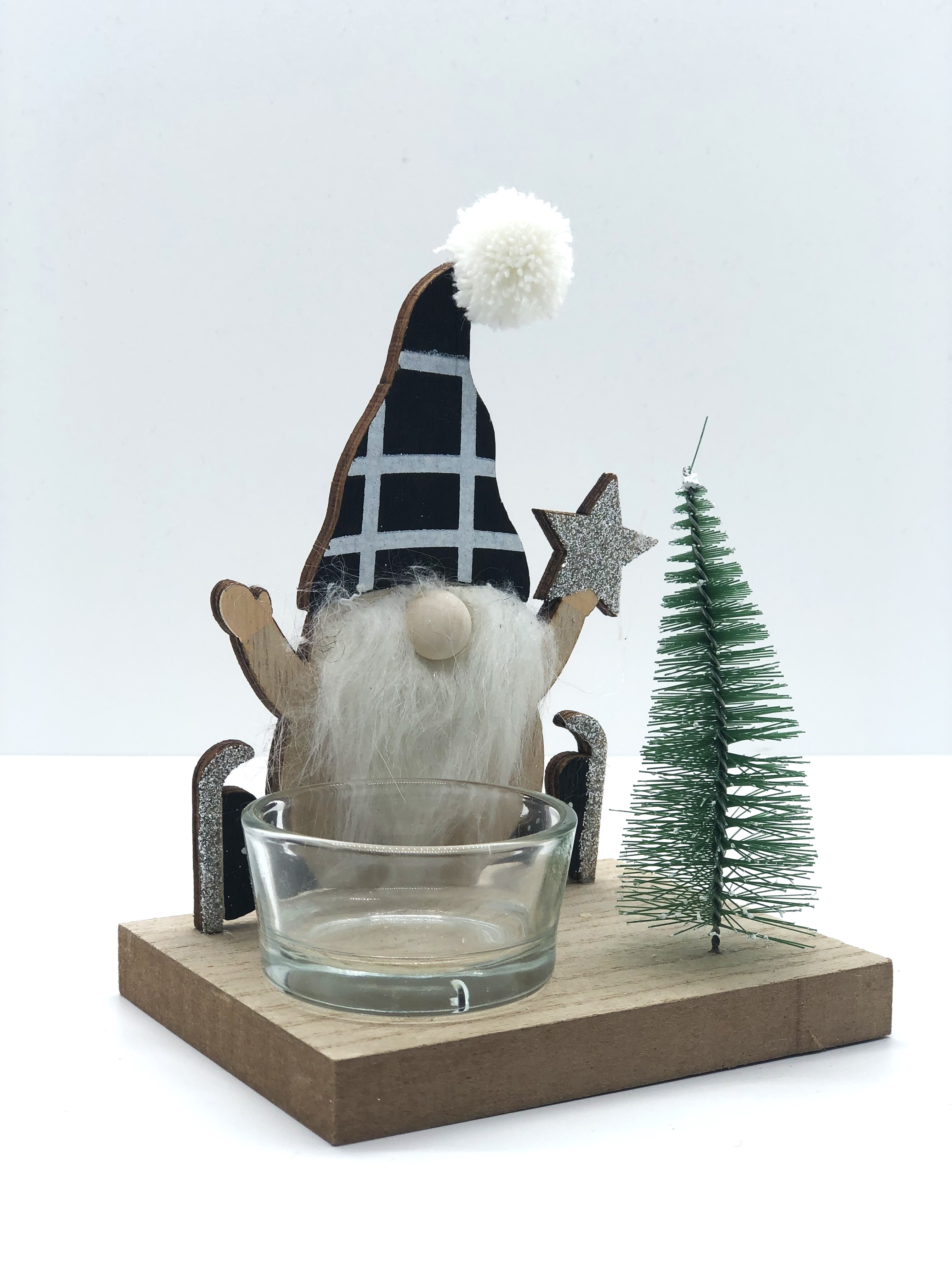 Teelichthalter „Wichtel Finn“ 13x10 cm Glas + Holz Variante 2 Kerzenhalter Winter GILDE