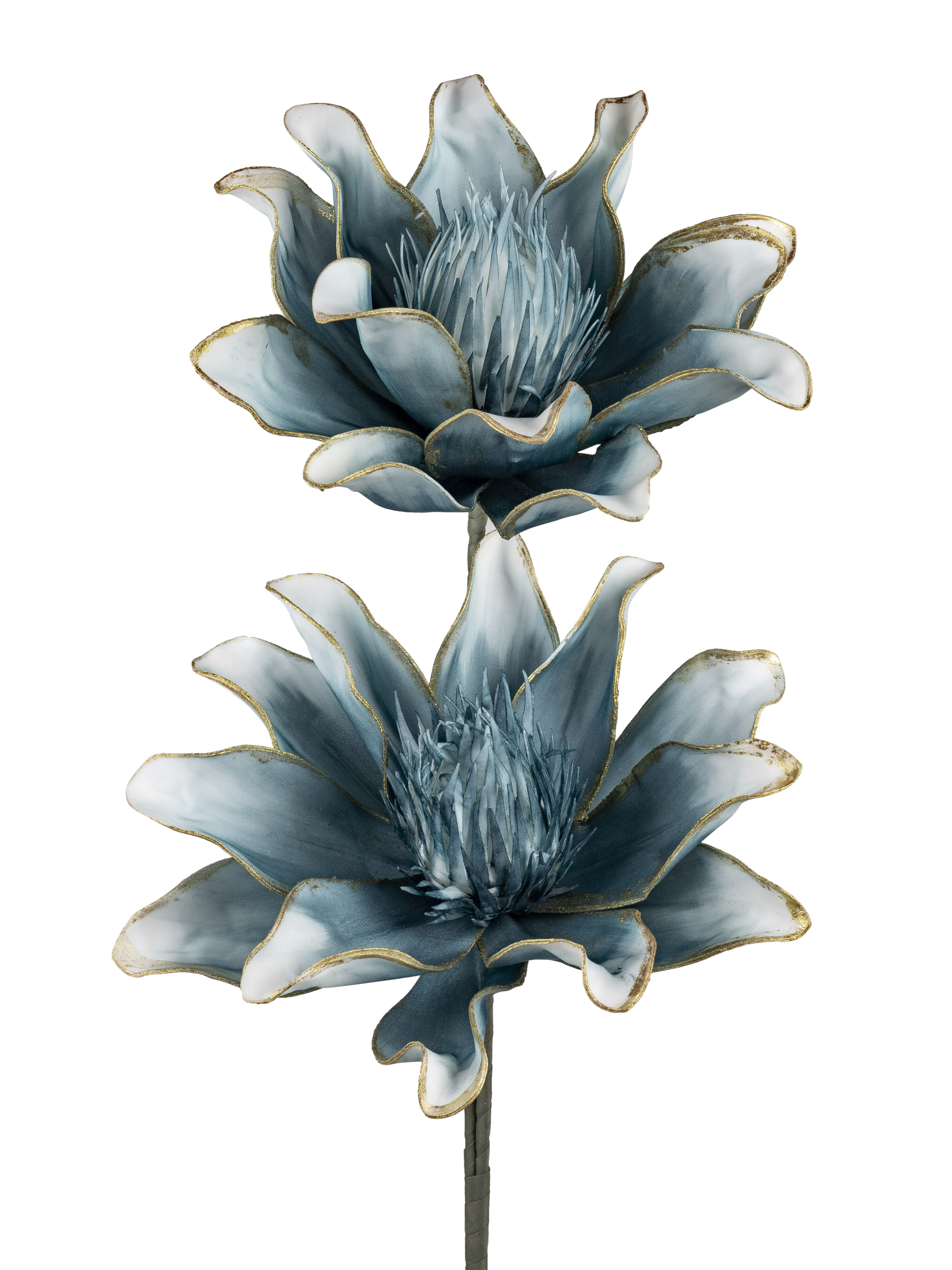 Deko Blütenzweig  blau-gold  100cm mit 2 großen Blüten Kunstblumen Formano 