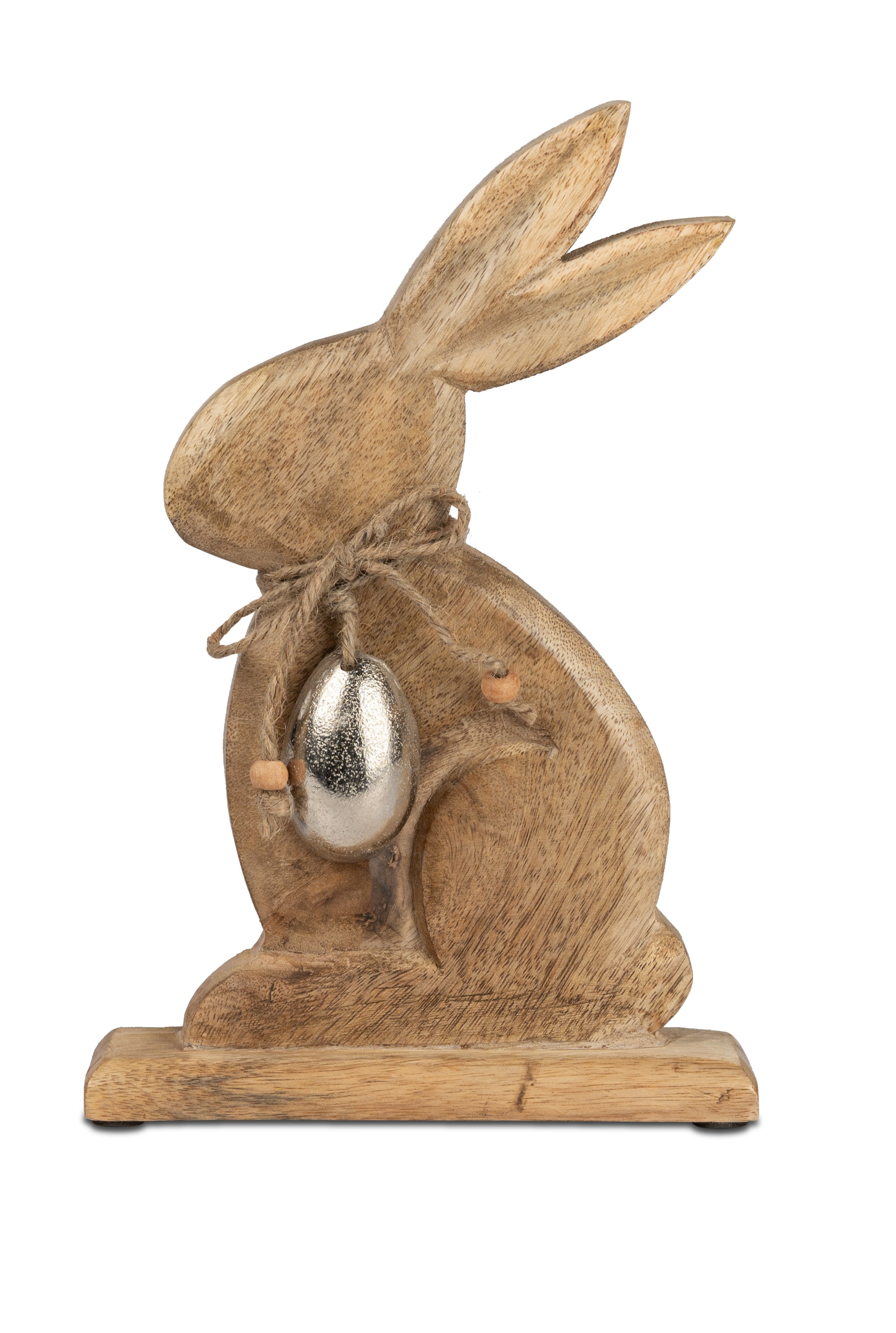 Deko-Hase H.22 cm m. Ei naturbraun aus massivem Mango-Holz Oster Frühjahr formano