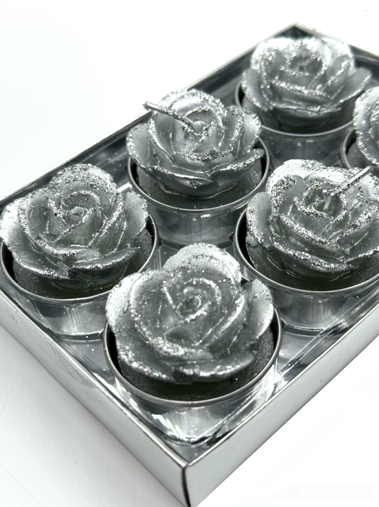 6er-SET Teelicht Rose silber mit Eis und Glitter Kerzen Winterzeit Formano 