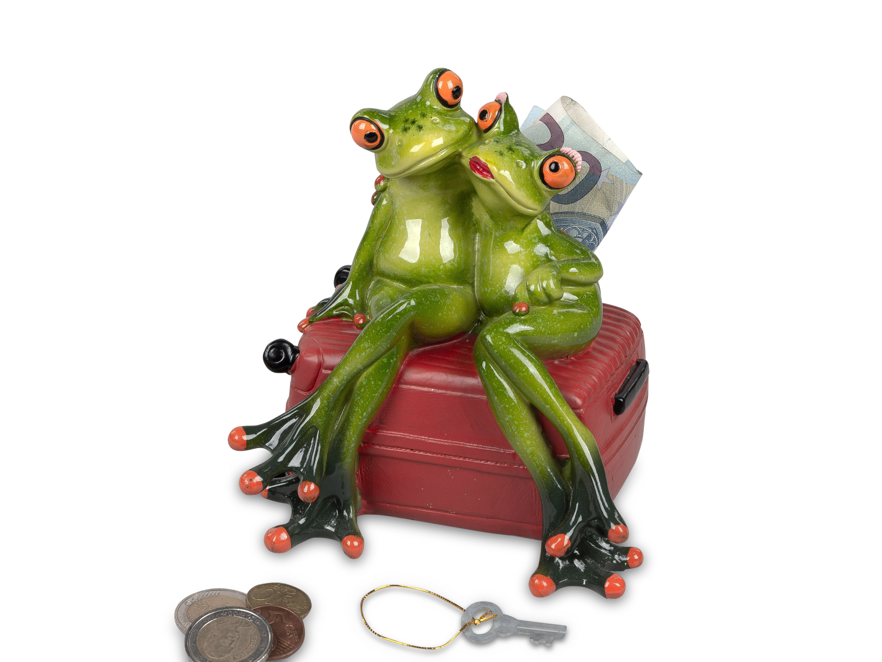 Froschpaar Spardose mit Schloß auf Koffer witzige Dekofiguren Froschhausen Formano