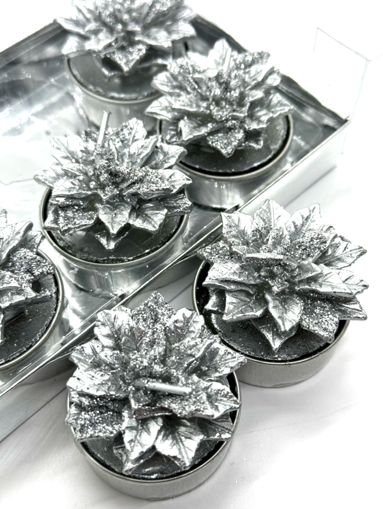 6er-SET Teelicht Weihnachtsstern Silber mit Glitter Kerzen Winterzeit Formano