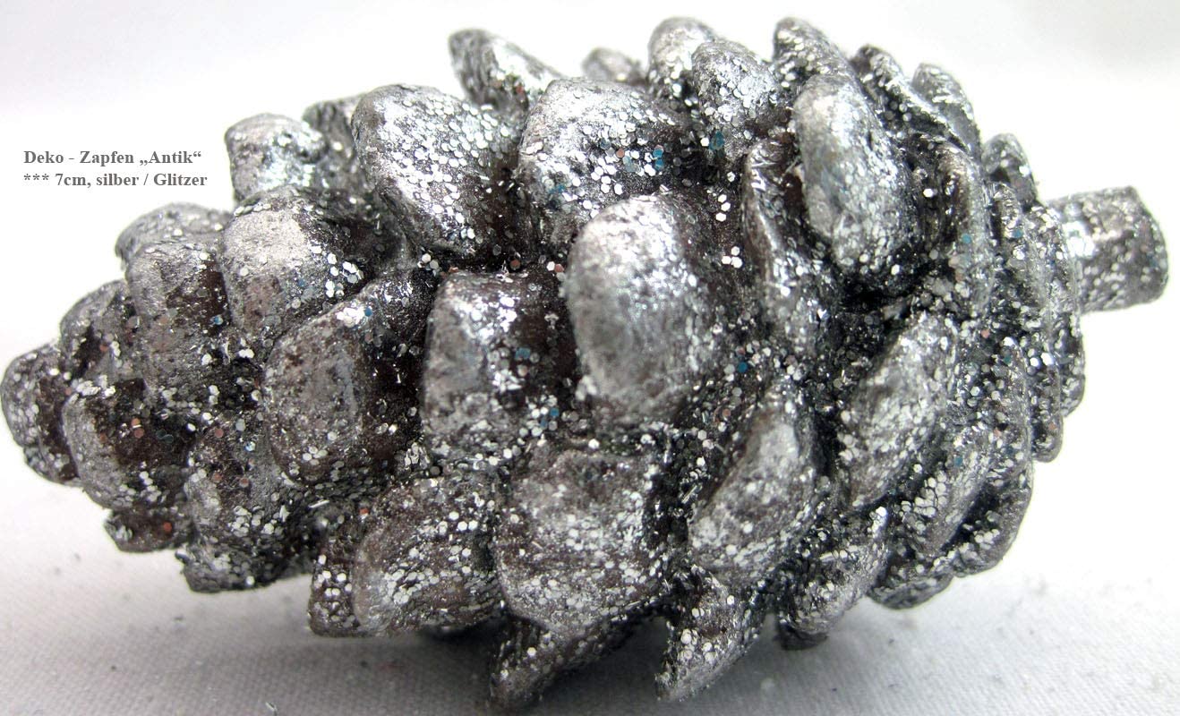 4er Set Deko Zapfen silber Glitzer 7cm Kunststein Tischdeko Winterzeit Formano