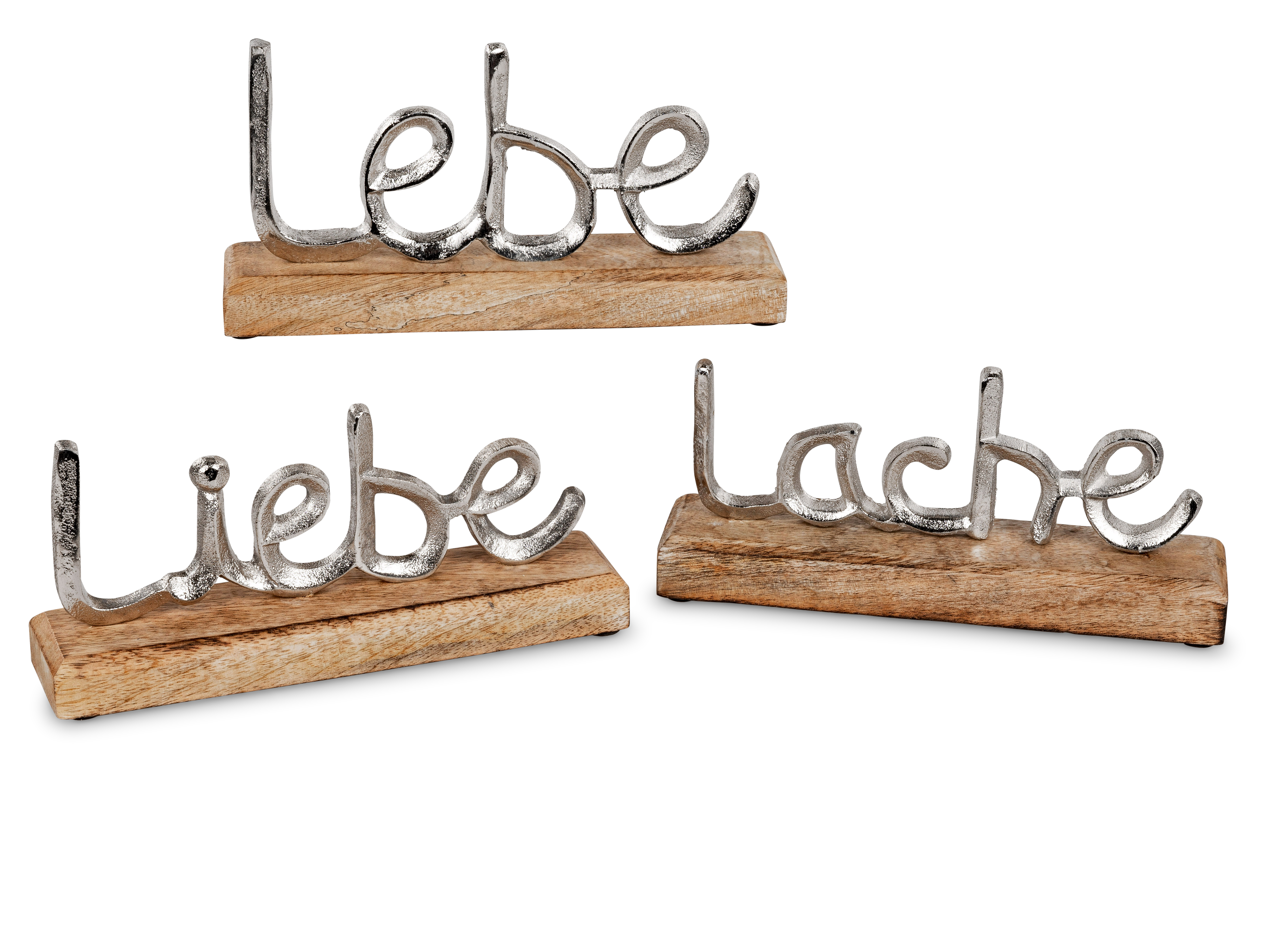  Deko-Schriftzug "Lebe-Liebe-Lache" L.23cm  3 tlg. SET  Alu Mango-Holz Deko Objekt Formano 