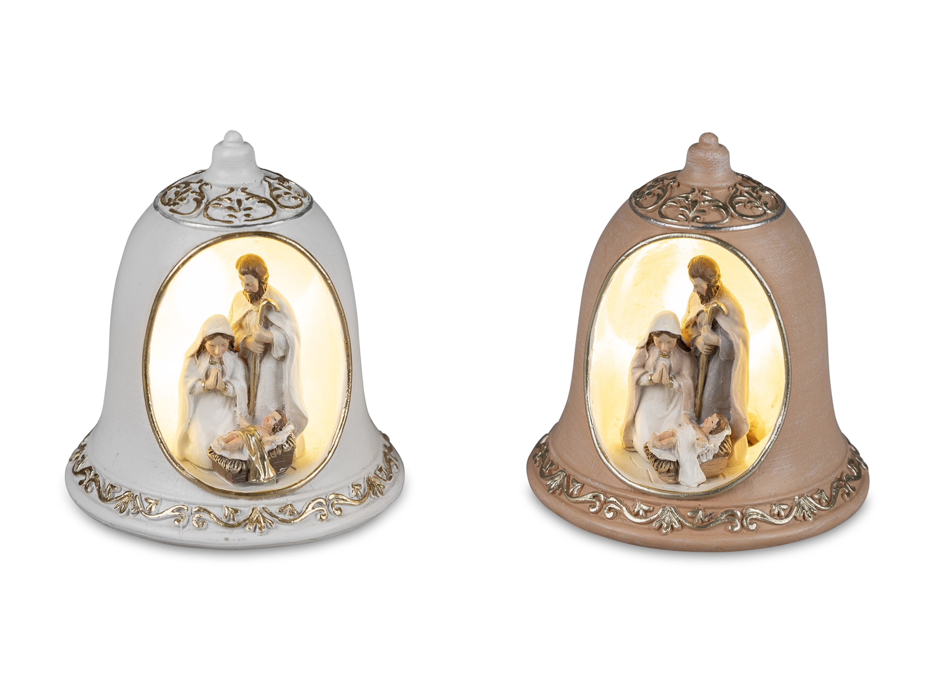 Heilige Familie in Glocke m. LED-Licht 10cm Weiß-Gold handbemalt Polystone Weihnachten Formano