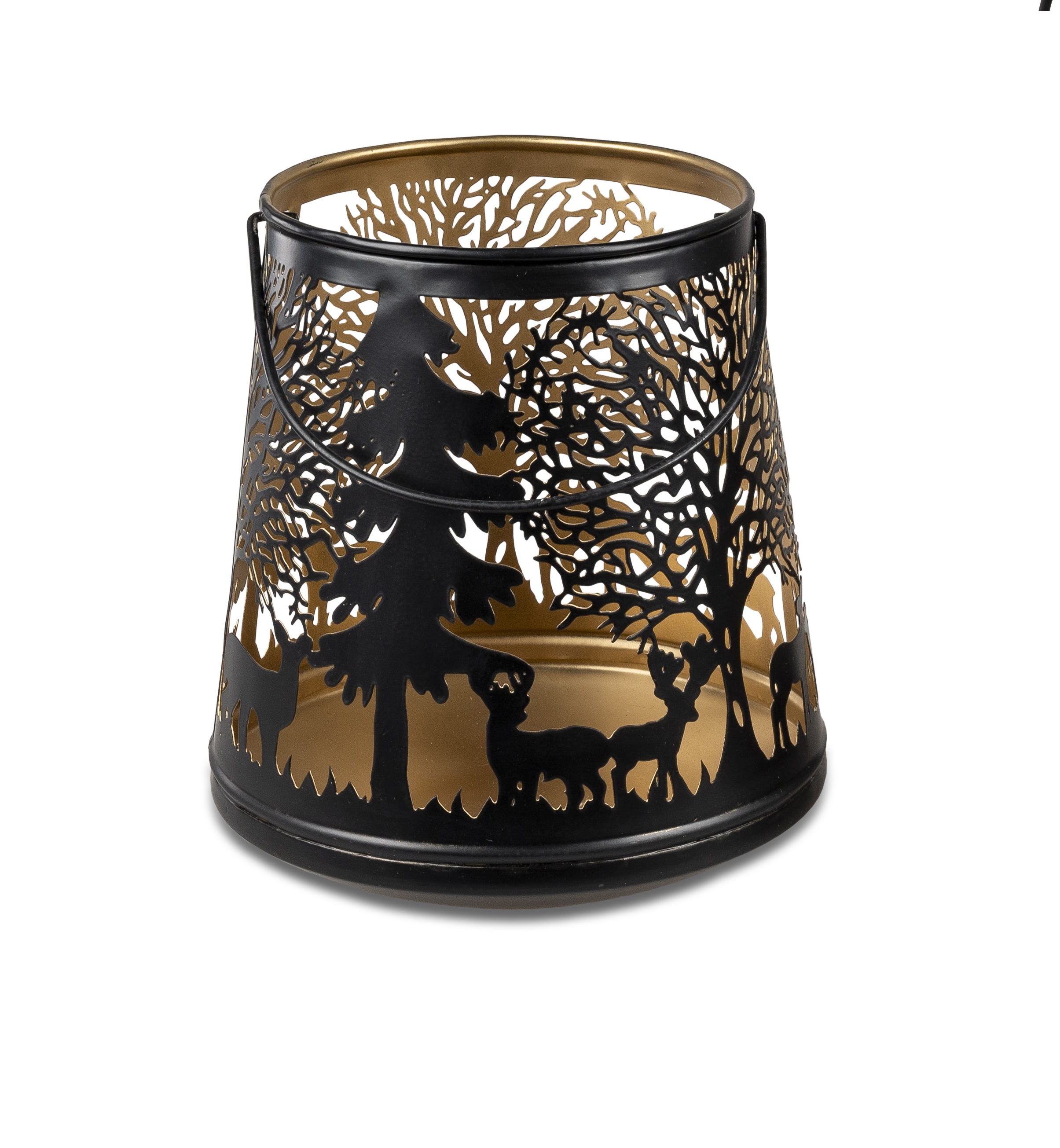 Deko Windlicht schwarz-gold 20x22cm aus Metall mit Durchbruch Leuchter Kerzenhalter formano