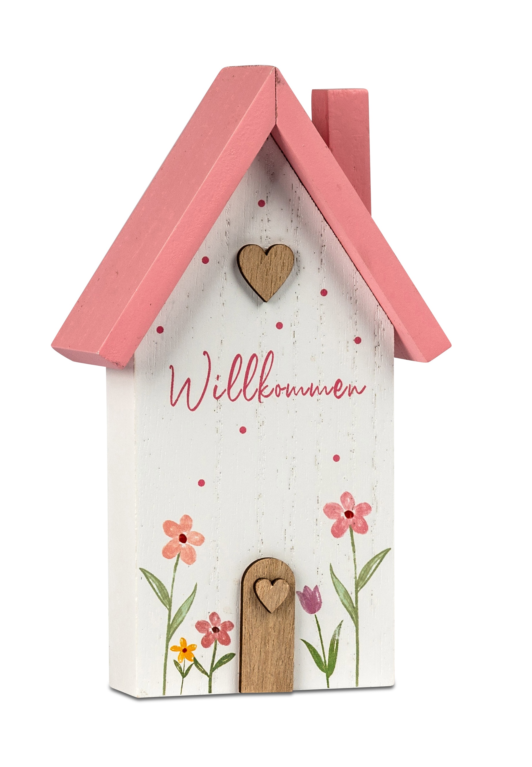 Deko Haus weiß-rosa mit Spruch H. 19 cm weiß bunt m. Blumen aus Holz Formano F25