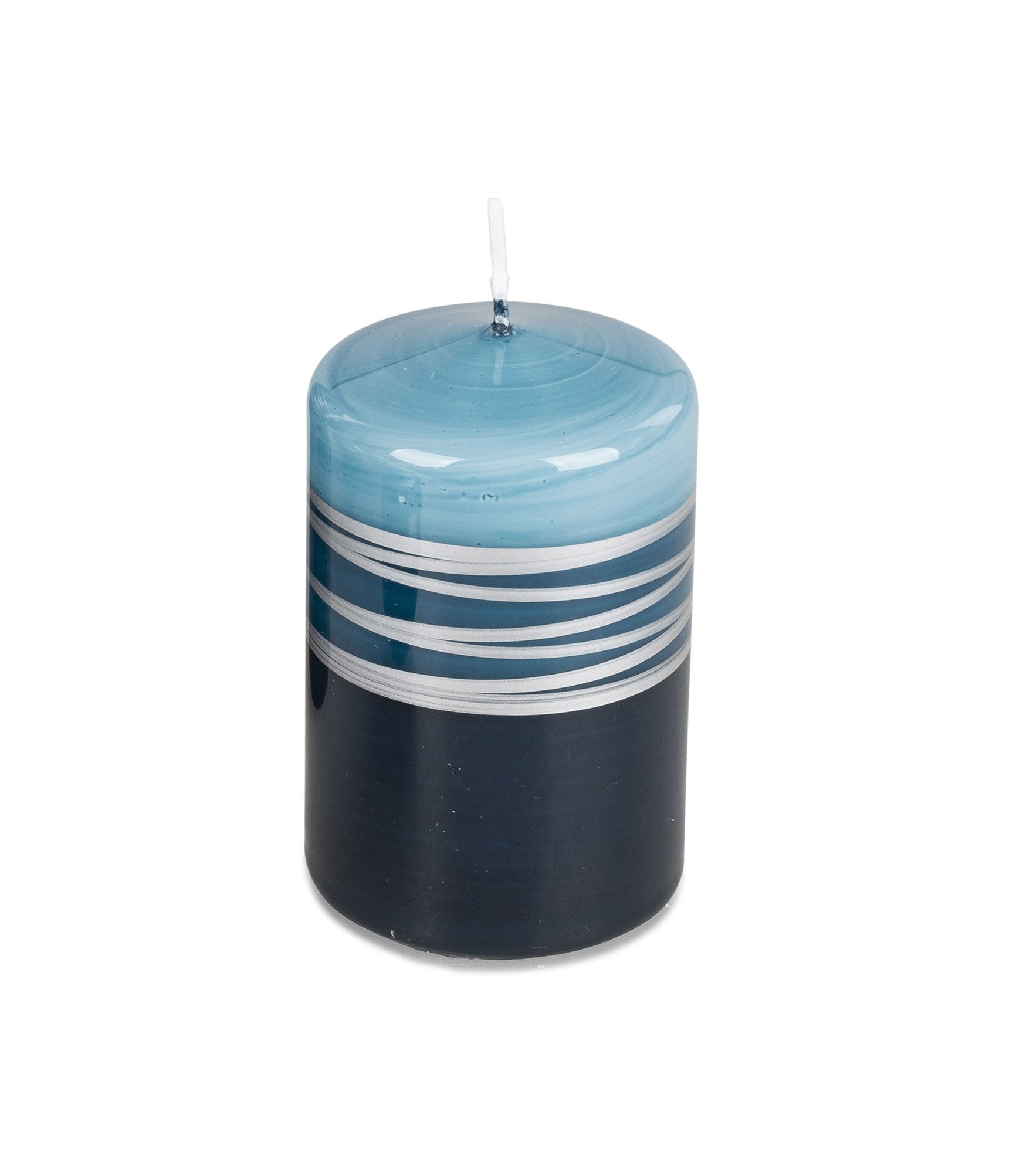 Stumpen Kerze 11 cm hoch - Ø 7 cm Spirale petrol-silber mit glänzend lackierter Oberfläche Wachs aus Deutschland.