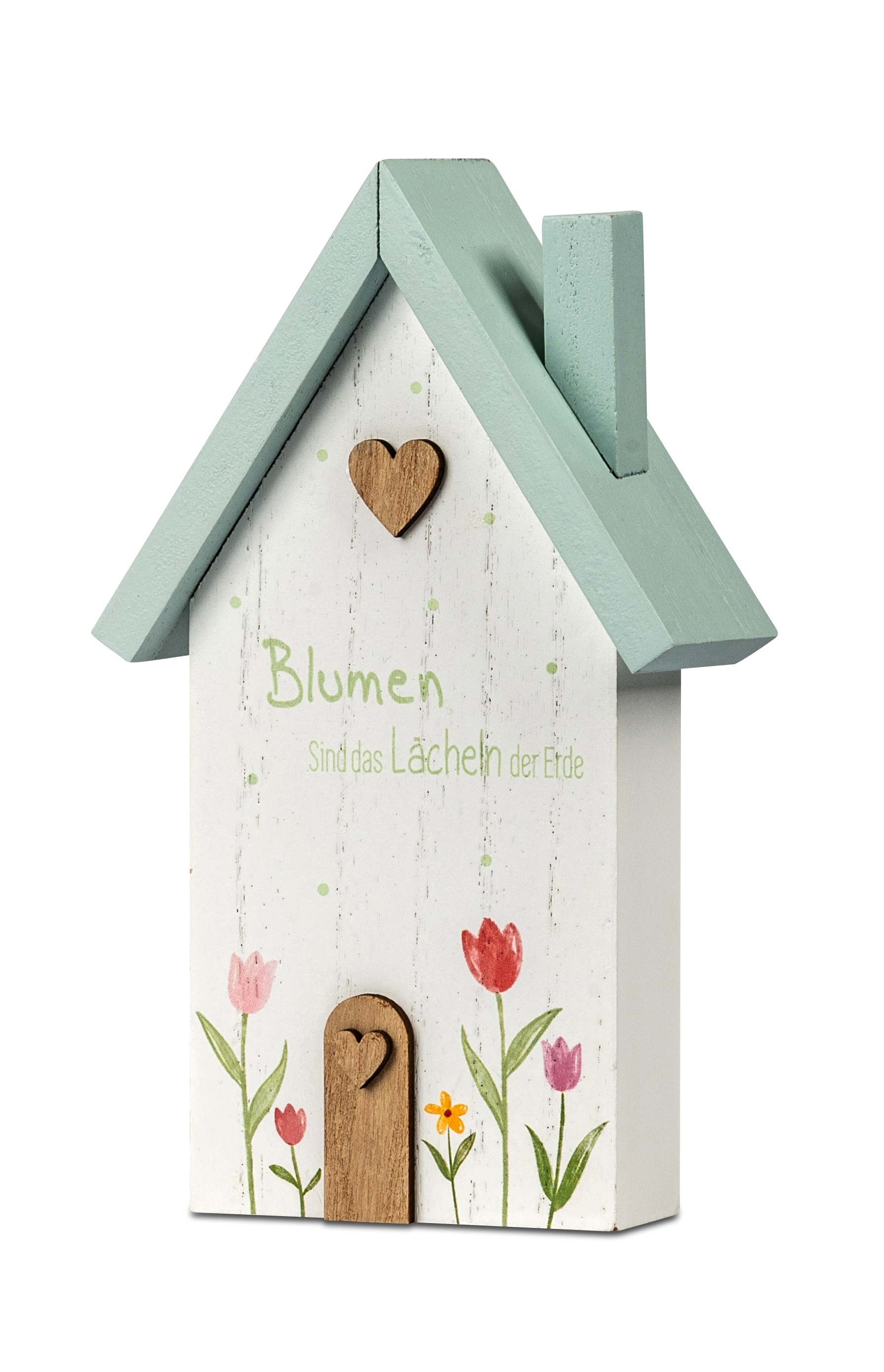 Deko Haus weiß-blau mit Spruch H. 19 cm weiß bunt m. Blumen aus Holz Formano F25