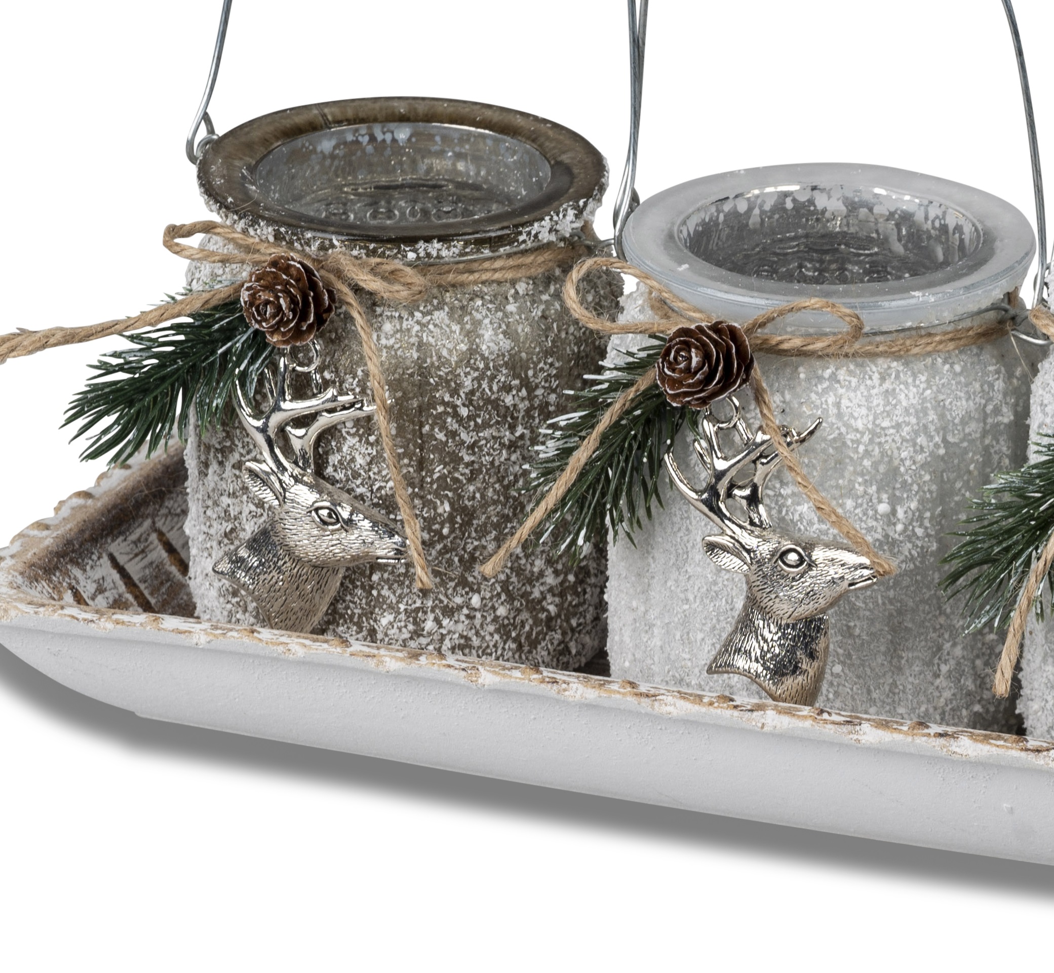 5tlg. SET Adventsleuchter Platte m. 4 Teelichtleuchtern aus farbglas und silbernem Hirsch-Hänger verziert Formano