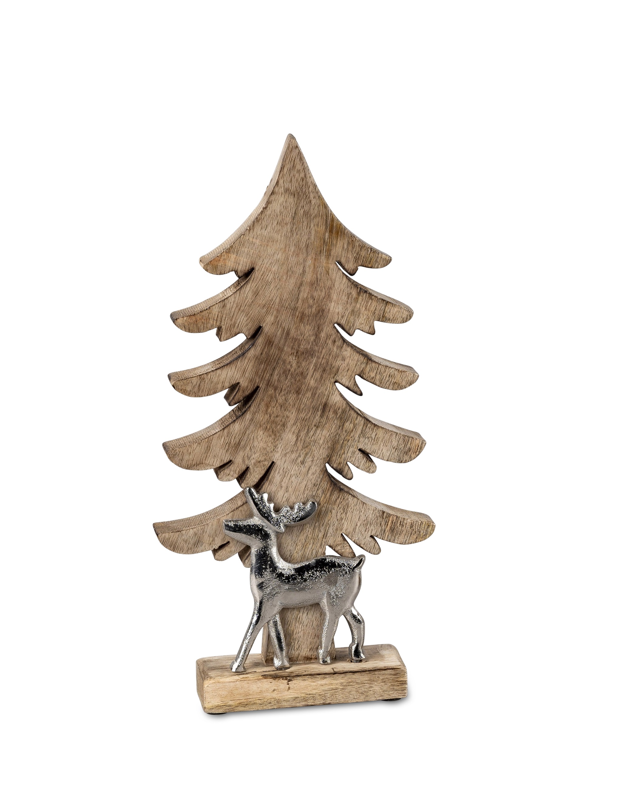 Deko Baum mit Hirsch 32cm Aluminium Mango Holz Tannenbaum Weihnachtsdeko formano