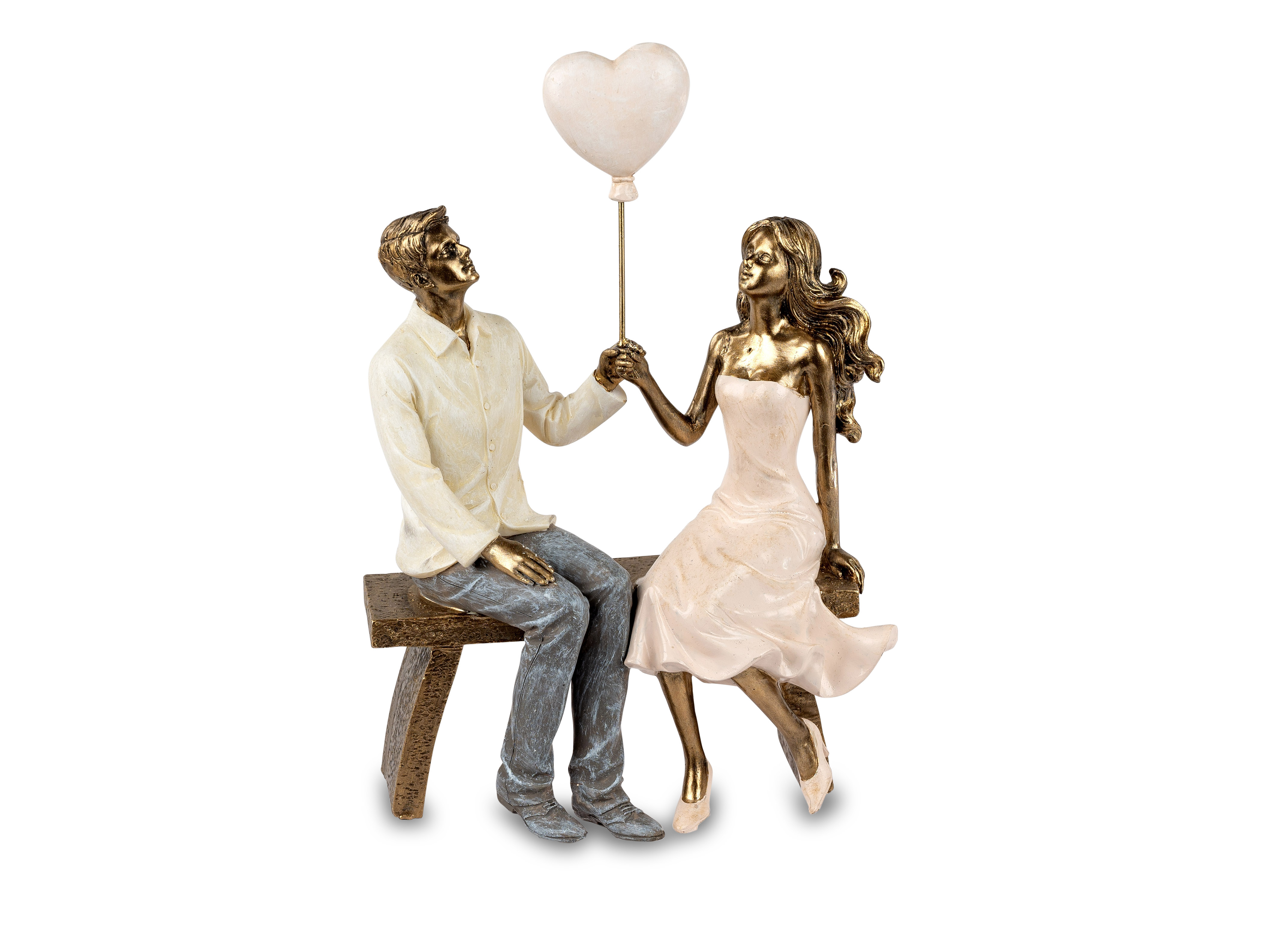 Moderne Deko Figur Liebespaar auf Bank mit Herz Luftballon Antik-gold formano