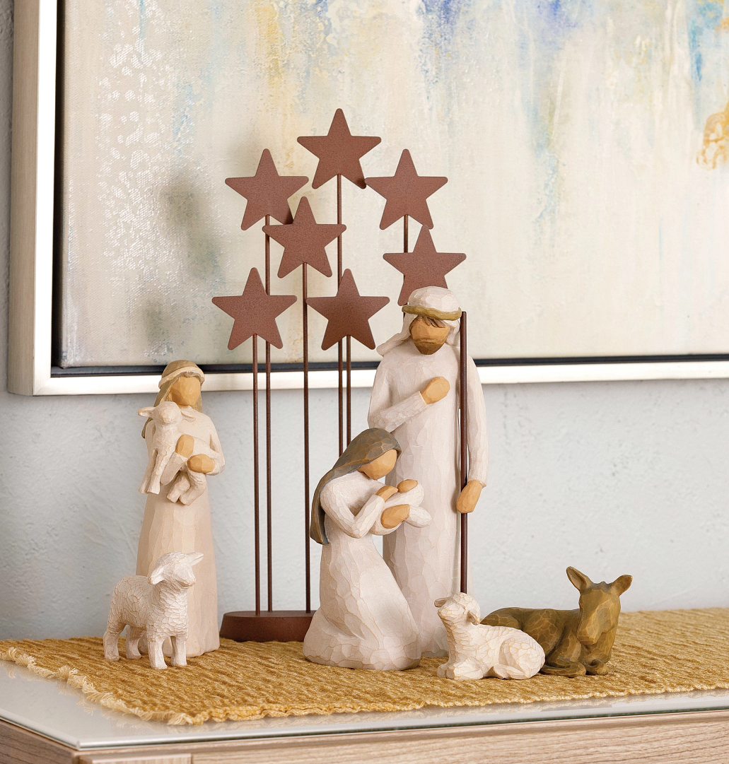 Set 7tlg. SET- Krippenfiguren „Nativity“Geburt Christi und Sternenhimmel H. 34cm Metal Star Backdrop Willow Tree 
