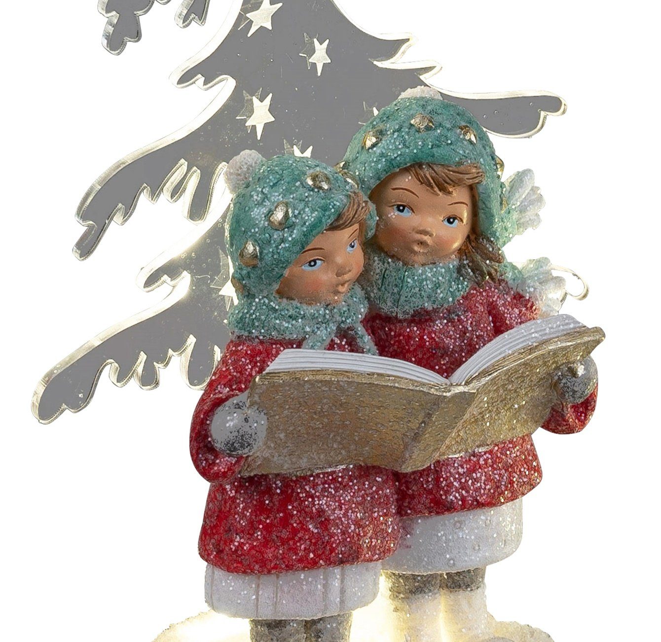 Dekofigur Winterkinder mit Buch vor LED Tannenbaum 30cm mit weißem Schnneedekor und Glitter Winterzeit Formano