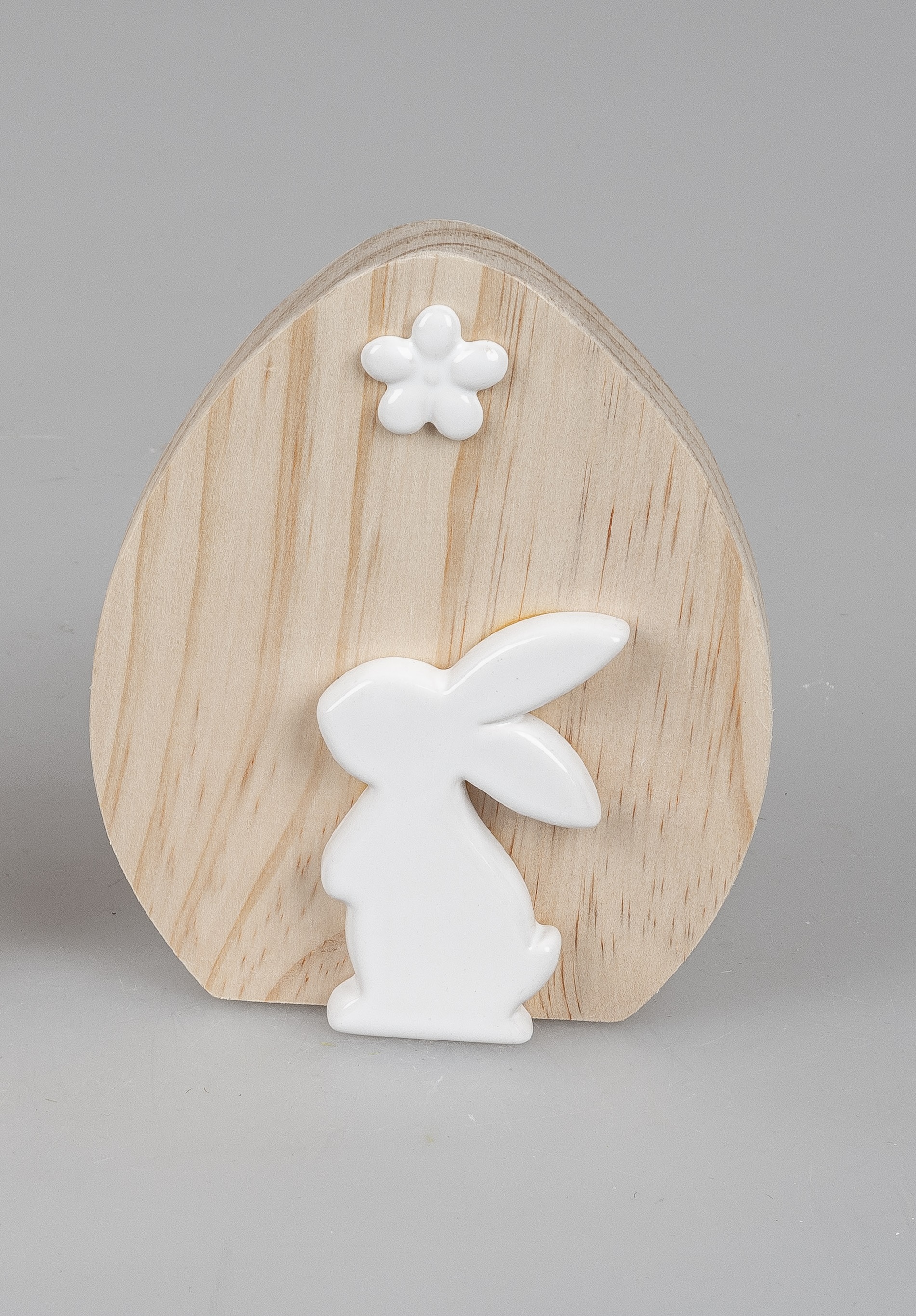 Deko-Ei 15 cm aus Porzellan + Holz mit Hase stehend Frühjahr Ostern Formano