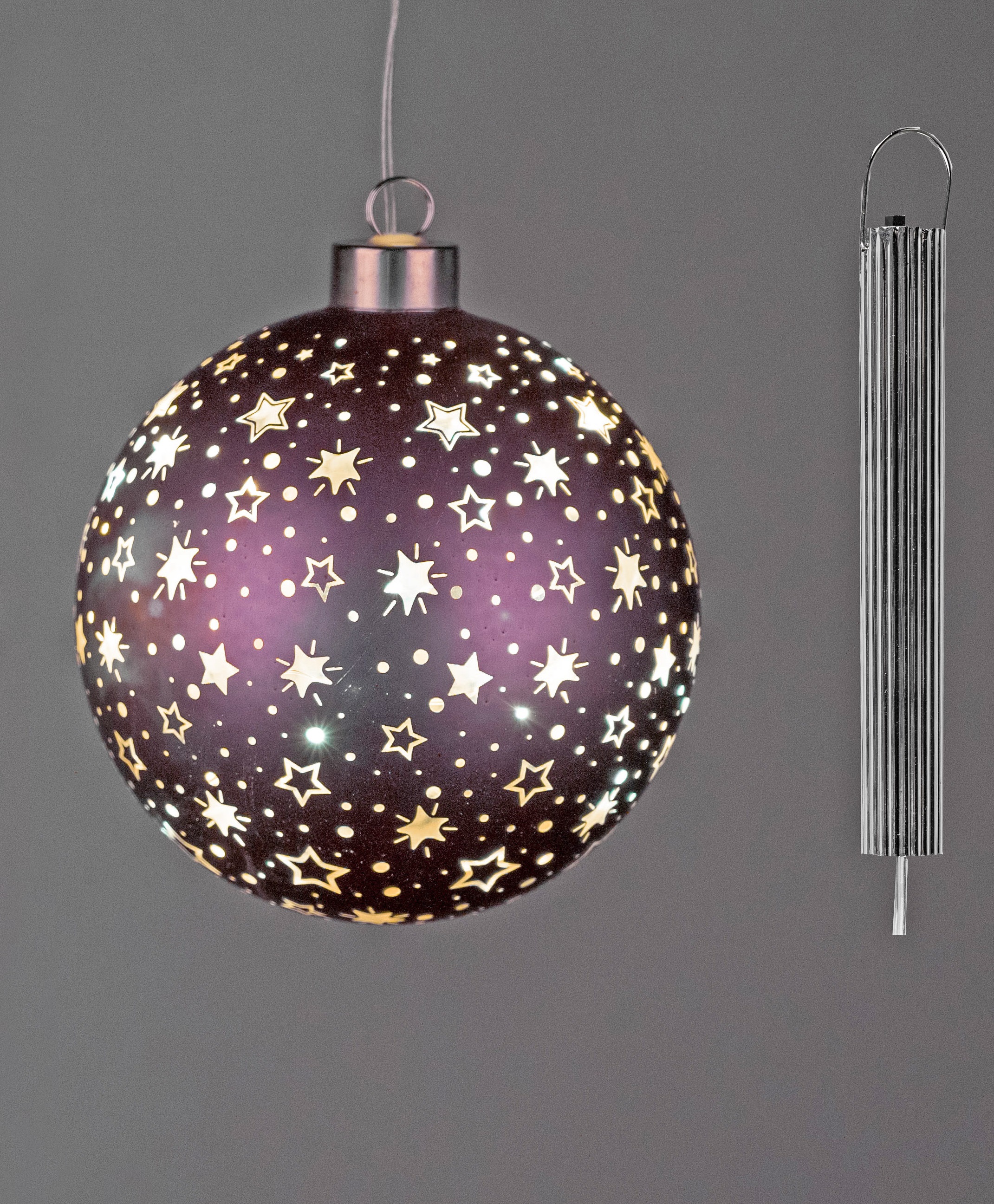 LED-Deko Kugel zum Aufhängen VELVET-PURPLE Sterne Ø 10cm Glas mit Timer Winterzeit formano W24
