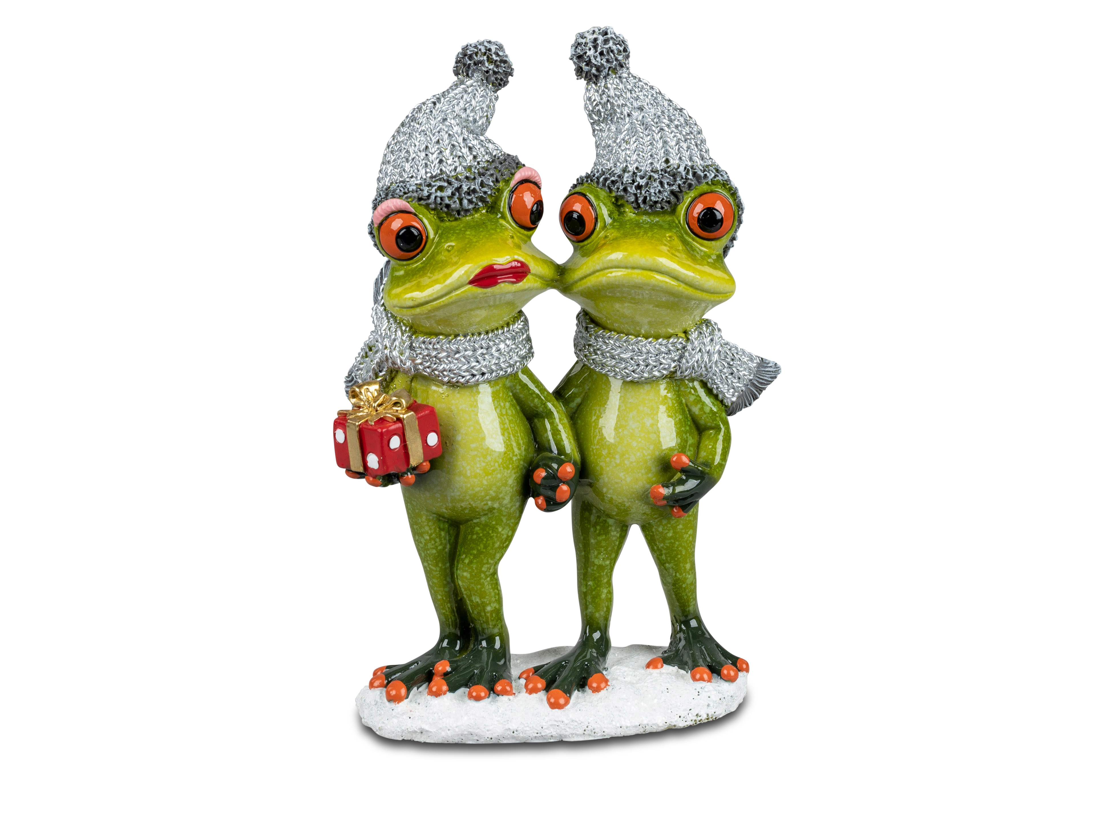 Winterfigur Froschpaar mit Geschenk H. 17cm Froschhausen Formano 