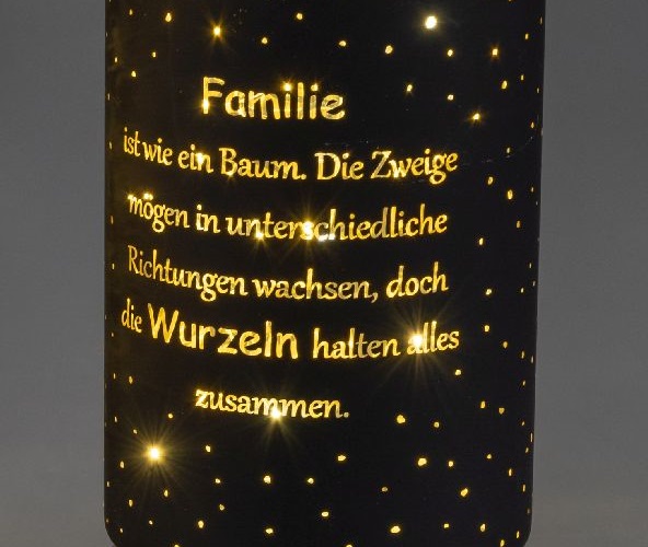 LED-Deko Licht H. 15cm Lampe Zylinder LEBENSBAUM mit Spruch schwarz gold Glas Formano