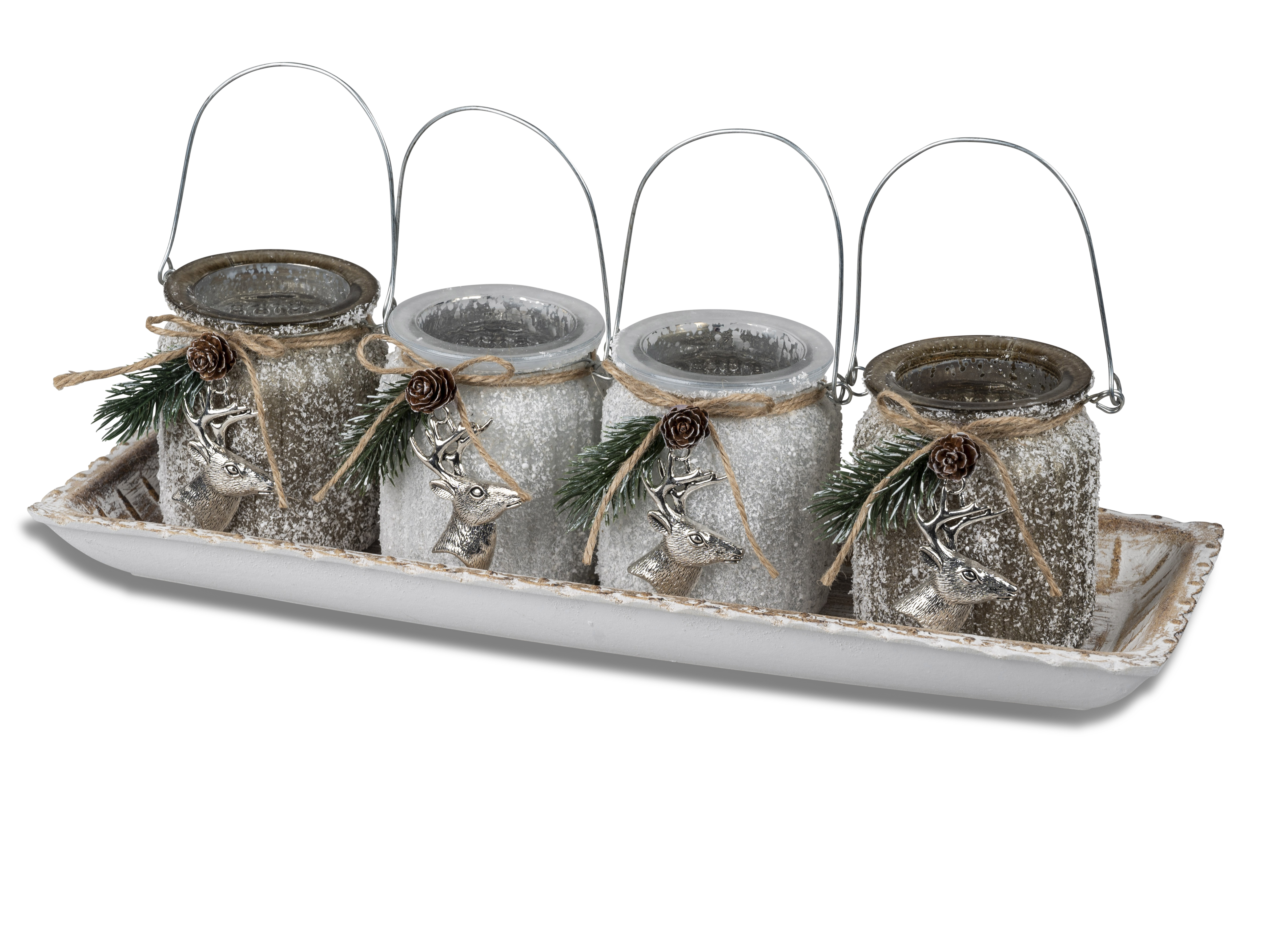 5tlg. SET Adventsleuchter Platte m. 4 Teelichtleuchtern aus farbglas und silbernem Hirsch-Hänger verziert Formano