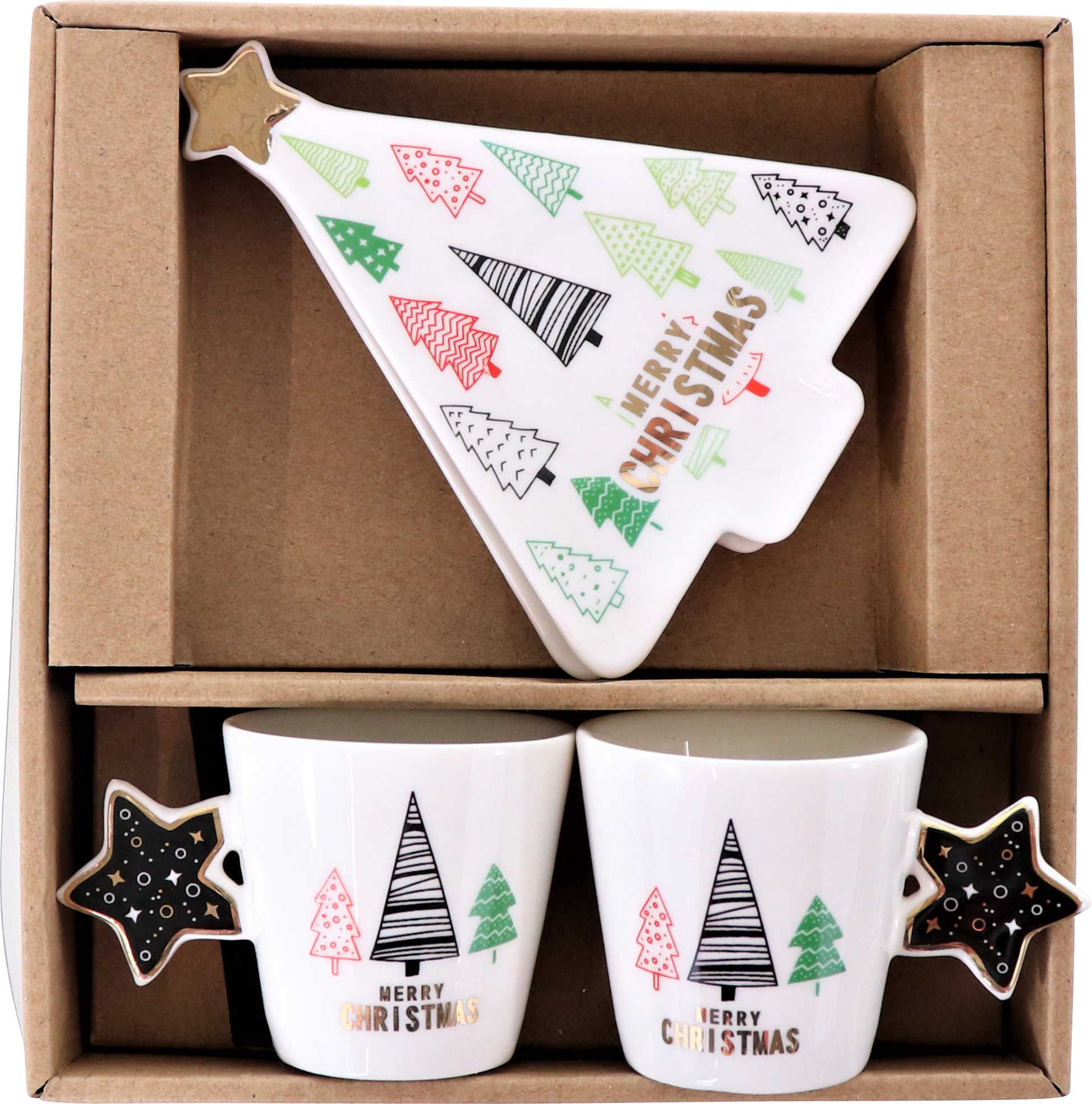 Espresso-4er Set "XSMAS" aus PORZELLAN mit Sternmotiv in Geschenkbox Winterzeit HOFF 
