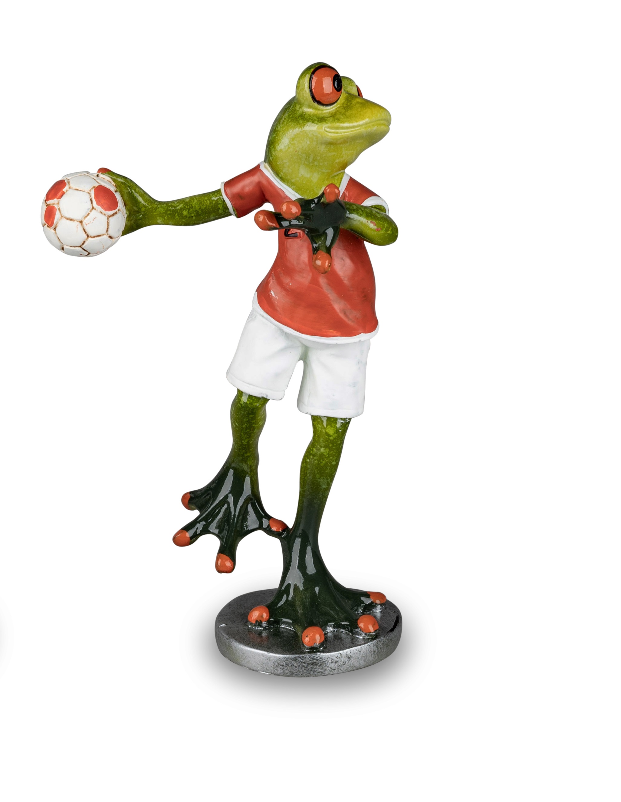 Frosch als Handballer rotes Hemd H. 18cm witzige Dekofiguren Froschhausen Formano