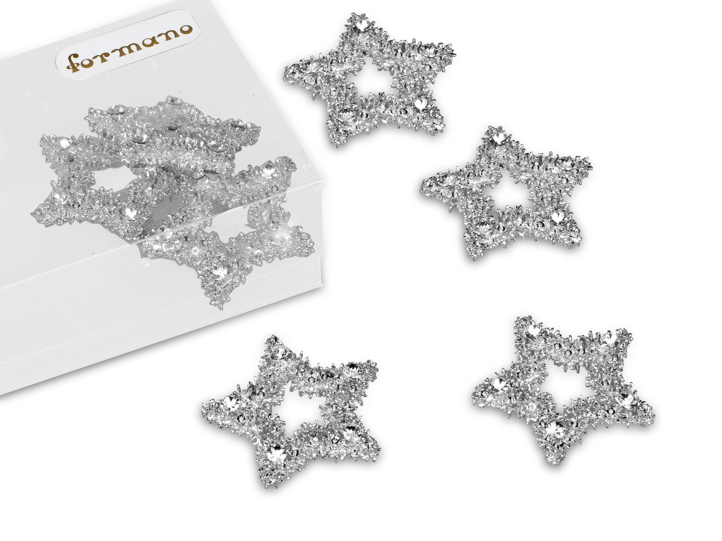 6er Set Stern silber aus Metall + Kristall 4cm Streudeko Tischdekor Formano