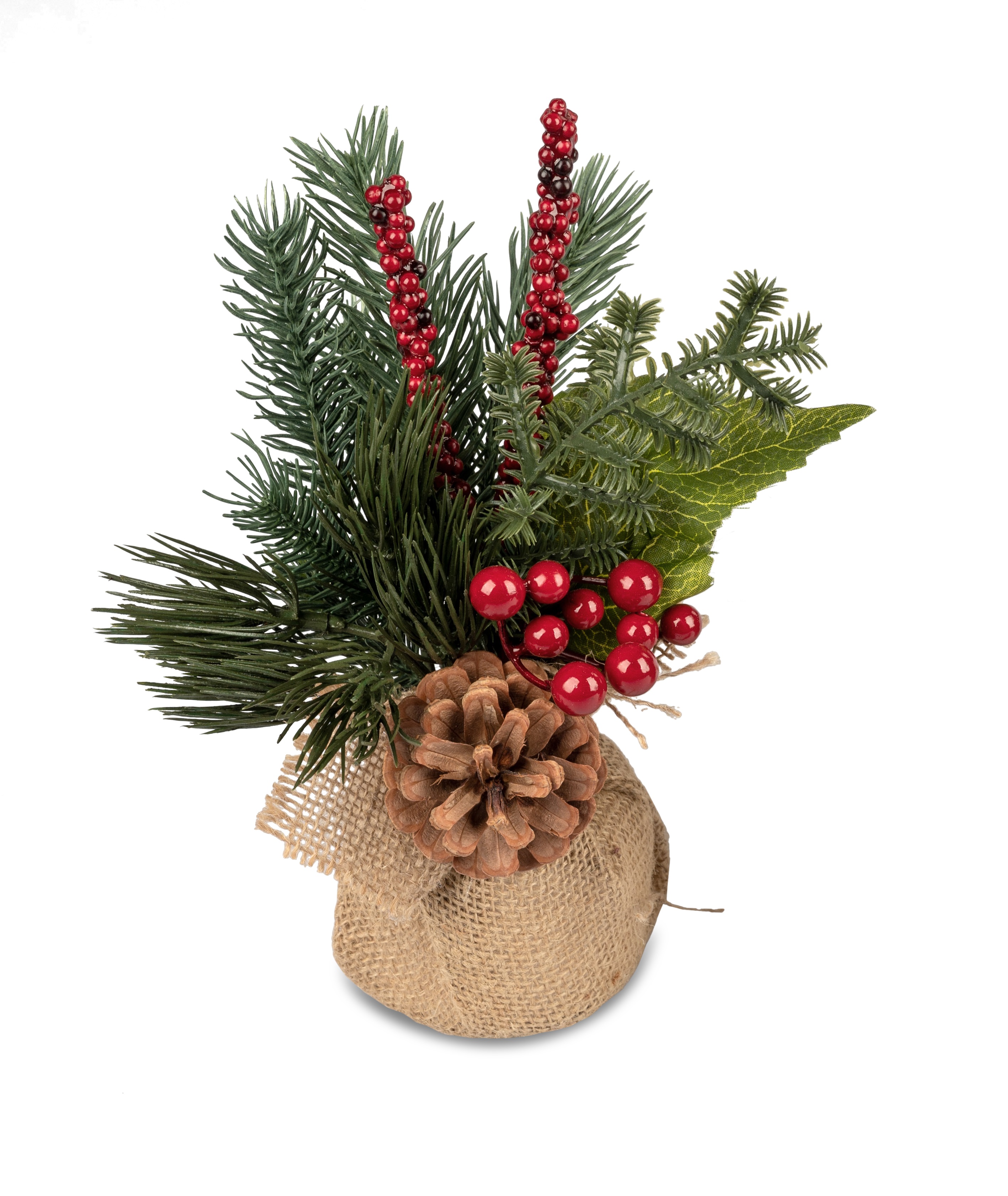 Deko-Tannenzweig 22 cm mit roten Beeren im Jutesack  Kunstpflanze Kunstblume Winterzeit Formano W24